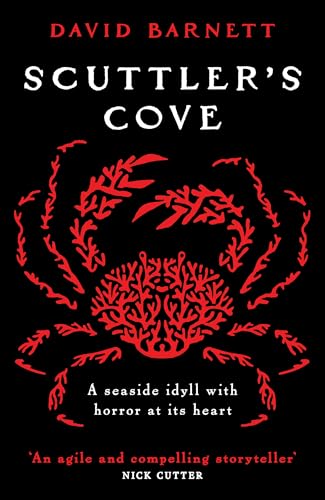 Book cover with red crab illustration made of coral on a black background.