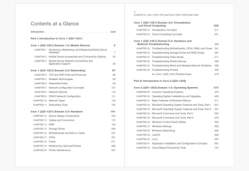 Book cover displaying table of contents for CompTIA A+ certification exam prep.