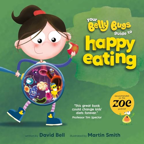 Book cover featuring a girl holding a magnifying glass showing colorful cartoon belly bugs.