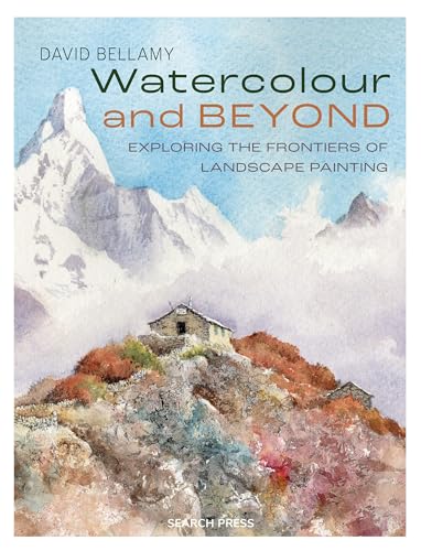 A watercolor painting of a stone hut on a rocky hill before snowy mountains.