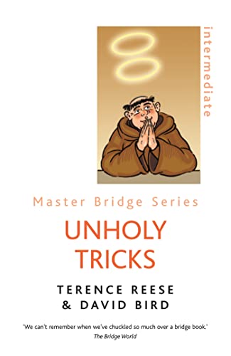Book cover: illustrated monk with text "Unholy Tricks" and bridge theme.