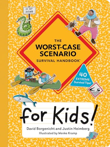 Book cover featuring cartoon illustrations of kids in survival situations on a yellow background.