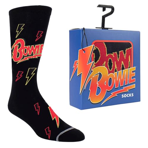 Black socks with red lightning bolts and “Bowie” logo, in gift box.