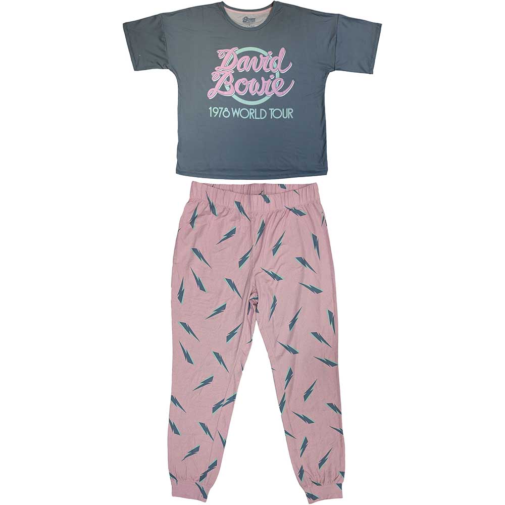 Ladies’ pyjamas featuring David Bowie’s 1978 World Tour imagery, size X-Small.