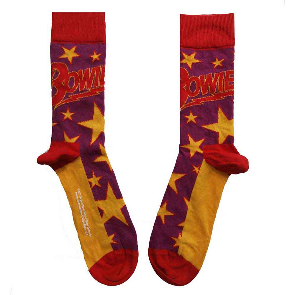 Purple socks with yellow stars and red Bowie text, red toes, and red cuffs.
