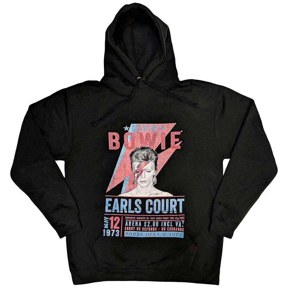 Black unisex pullover hoodie featuring a David Bowie Earls Court 1973 graphic print.