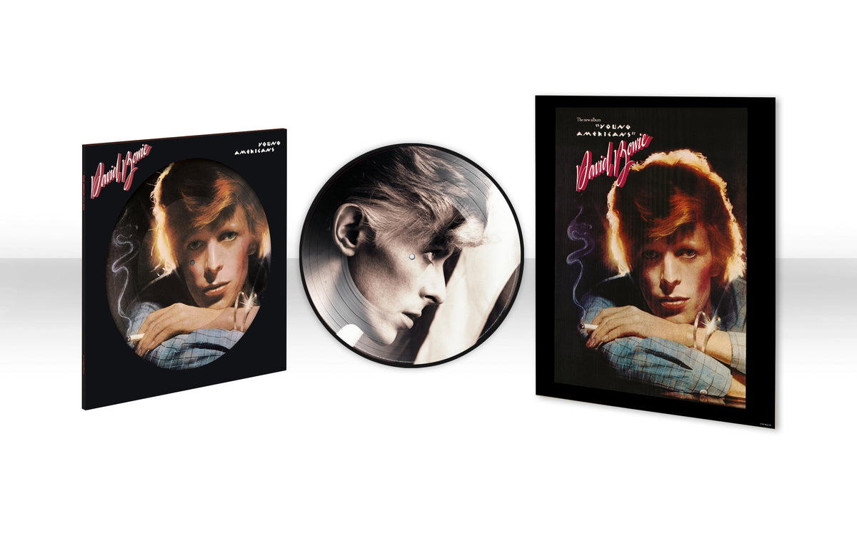 David Bowie’s “Young Americans” vinyl record and album cover with portrait.