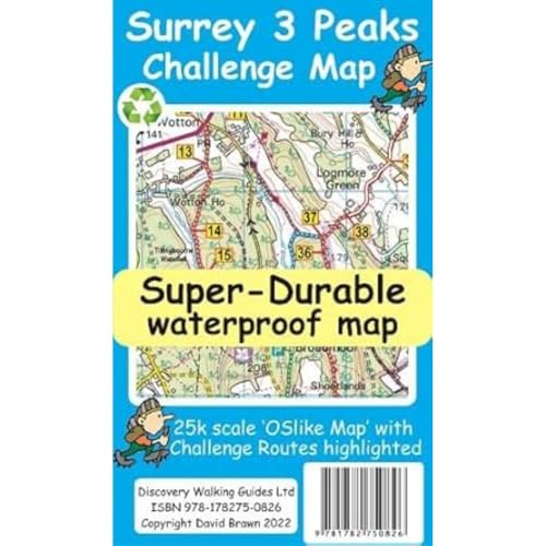 Surrey 3 Peaks Challenge map with highlighted routes and a hiker illustration.
