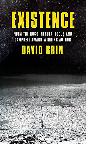 Book cover for "Existence" by David Brin, with a city landscape.