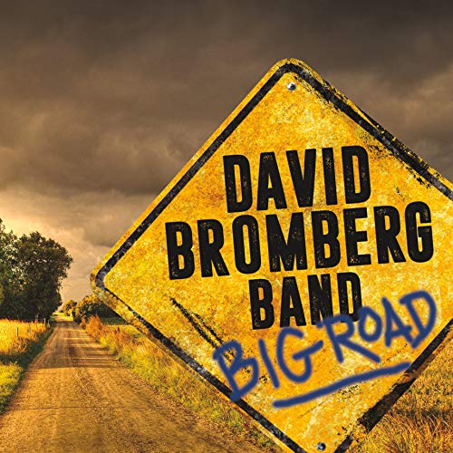 "Yellow road sign with 'David Bromberg Band Big Road' text, on a rural road."