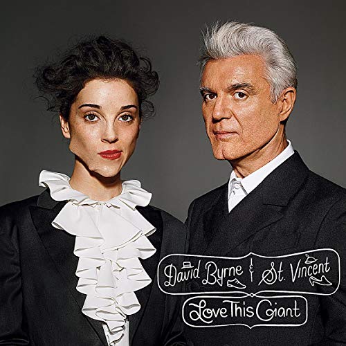 David Byrne and St. Vincent album cover, two people in suits.