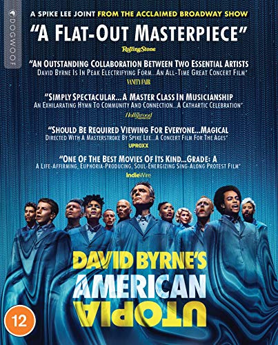 Blu-ray cover for "David Byrne's American Utopia" featuring a group of performers.
