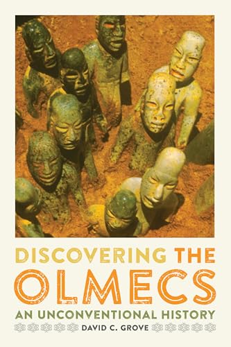 Book cover featuring multiple Olmec colossal heads against an orange background.