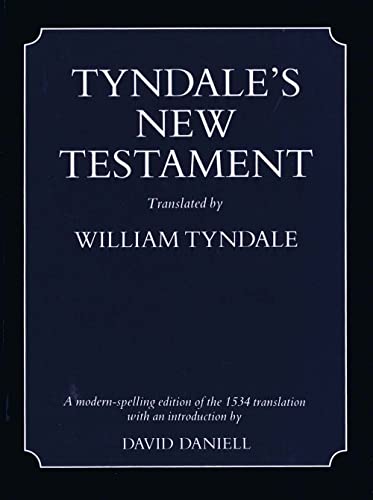 Dark blue book cover with white text: "Tyndale's New Testament.