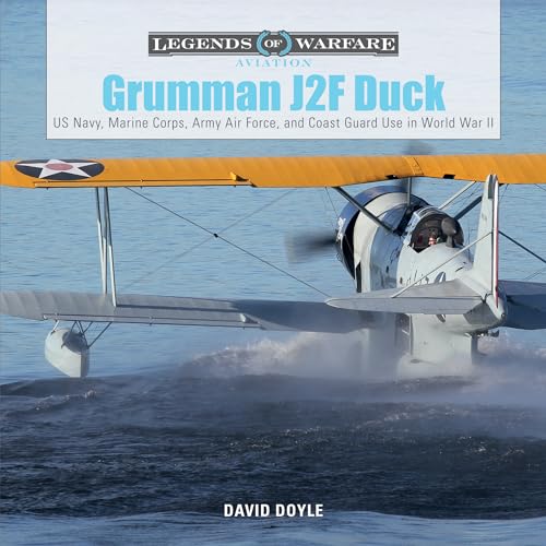 World War II Grumman J2F Duck floatplane skimming across water.