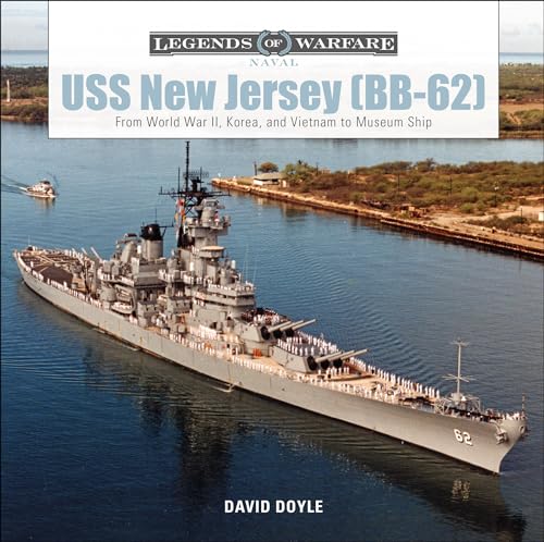 Battleship USS New Jersey (BB-62) docked in a waterway, book cover.