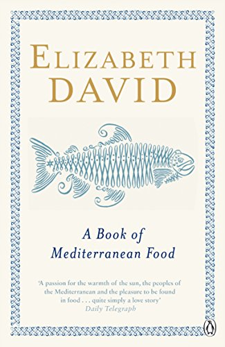 Book cover for A Book of Mediterranean Food by Elizabeth David with fish illustration.