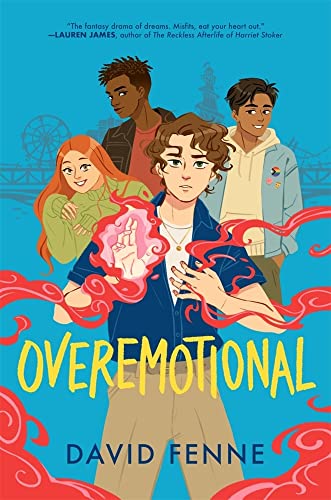 Book cover illustration showing four diverse teenagers against a blue background with magical energy.