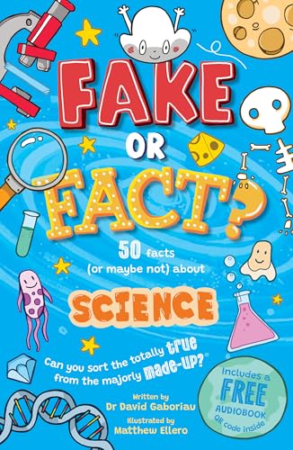 Book cover: "Fake or Fact? Science" with cartoon science imagery.