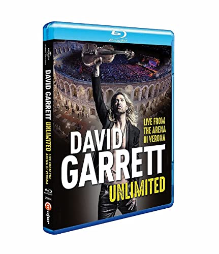 Blu-ray cover for David Garrett’s “Unlimited” concert, violinist performing.