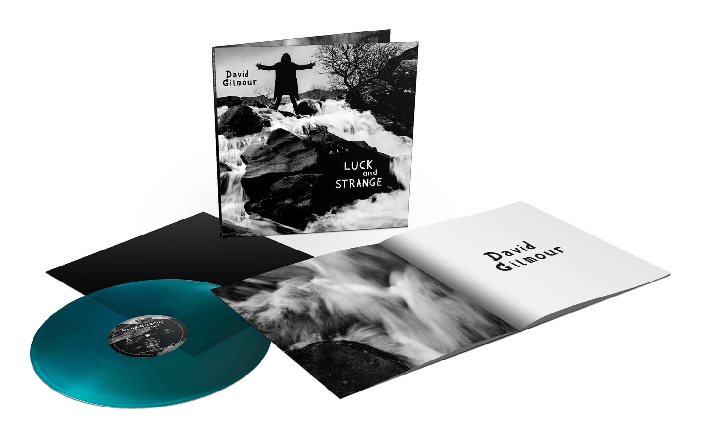 David Gilmour’s “Luck and Strange” blue vinyl LP with album artwork and sleeve.