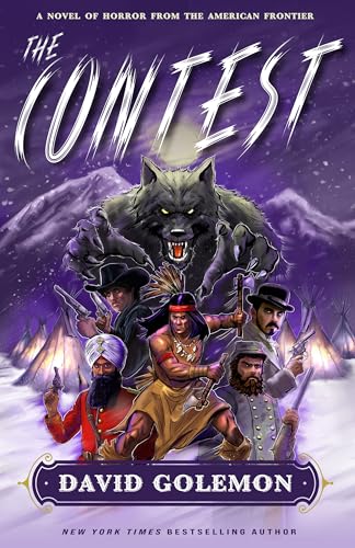 Book cover: “The Contest” depicts figures with weapons facing a werewolf.