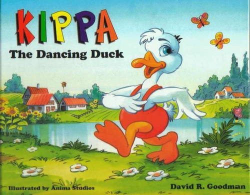 Cartoon duck in red overalls dances by a pond and houses.