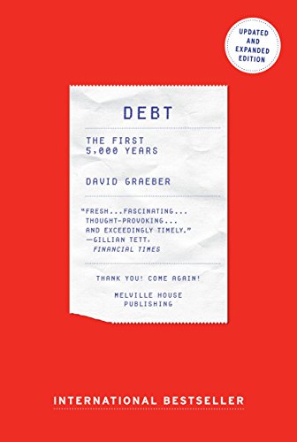 Book cover with a crumpled receipt on a red background, titled Debt: The First 5,000 Years.