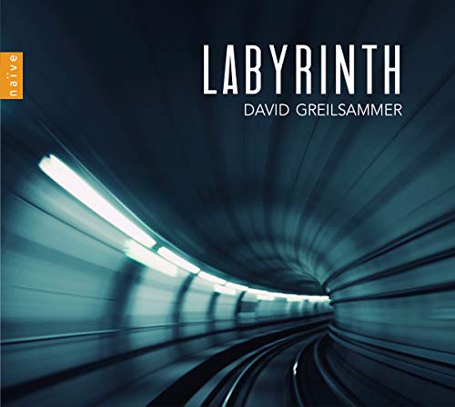 "Album cover with 'Labyrinth' by David Greilsammer, featuring a blurred subway tunnel in teal."