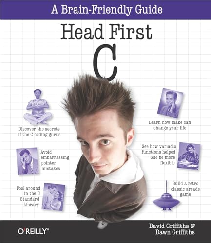 Book cover for “Head First C” with a man and surrounding images.