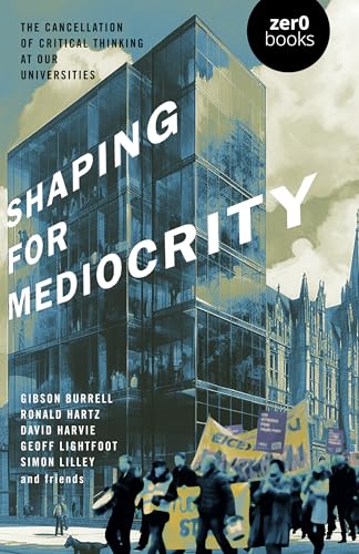 Book cover with a glass building and protesting figures below.
