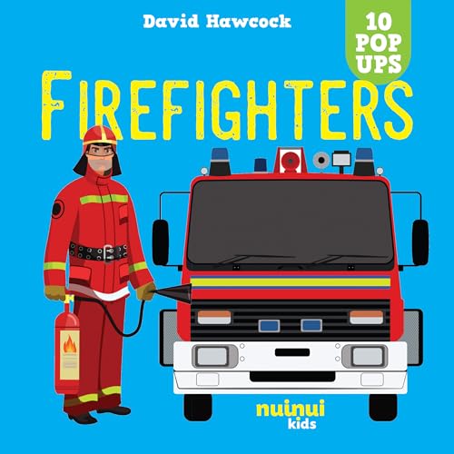Firefighter in uniform stands beside a red fire engine, book cover.