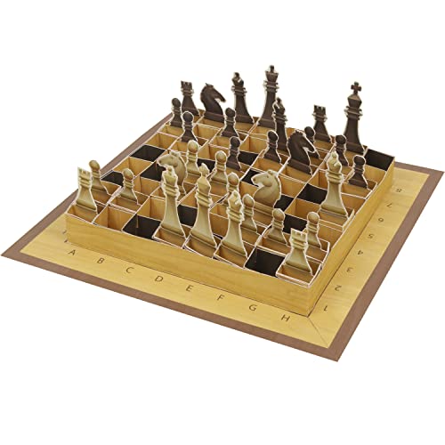 Pop-up chess set with wooden pieces on a folding cardboard board.