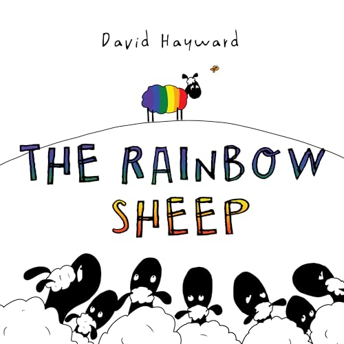 Book cover: rainbow-colored sheep with black sheep in a field.