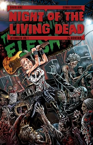 Comic book cover: zombies playing rock music amidst chaos.
