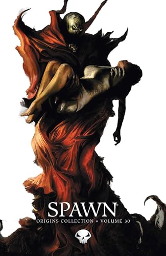 Spawn holds a figure in a dramatic, fiery comic book cover.