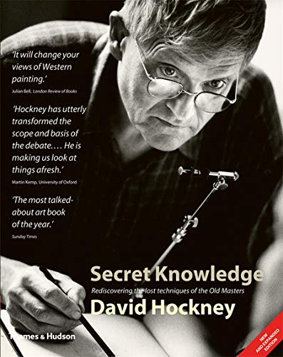 Black and white book cover featuring David Hockney looking down while drawing.