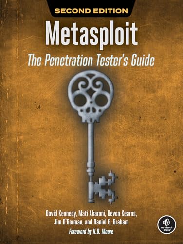 Book cover of Metasploit, 2nd Edition, featuring a skull-shaped key on a brown background.