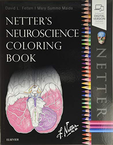 Netter's Neuroscience Coloring Book, 2nd edition, with brain illustration and crayons.