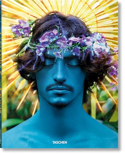 Book cover: blue-skinned man with flowers, radiant yellow halo background.