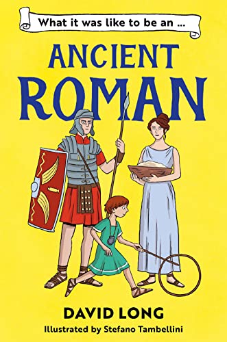 Book cover featuring a Roman soldier, a woman, and a child on yellow background.