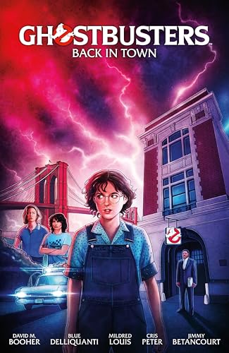 Comic cover featuring three characters and a building under a red lightning sky.