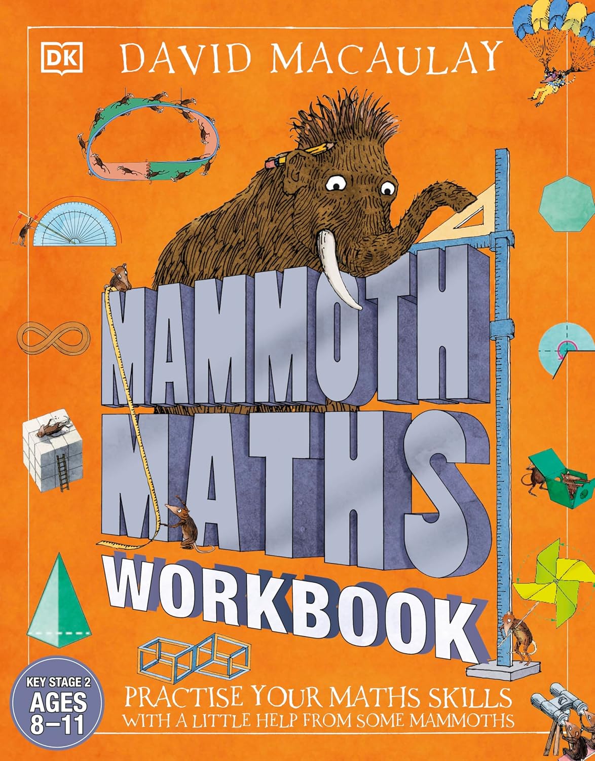 Orange workbook cover with illustrated mammoth, maths tools, and large blue text.