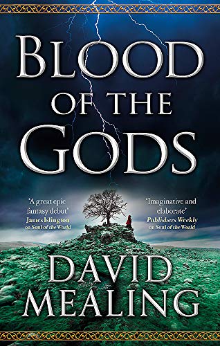 Book cover for Blood of the Gods featuring lightning and a lone tree.