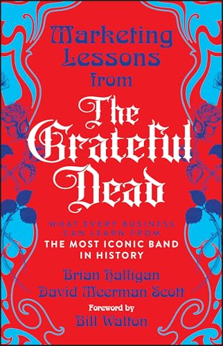 Book cover with red background, blue floral borders, and white and blue text.
