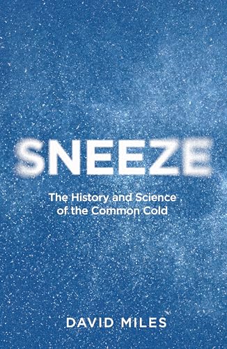 Book cover for “Sneeze” with white text on a blue, speckled background.