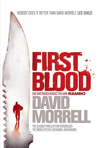 Book cover: "First Blood" with a large knife and silhouetted figure.