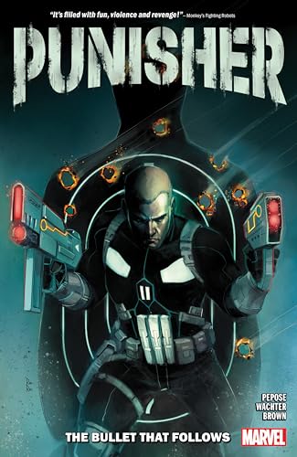 Comic book cover featuring the Punisher, bald and armed, with bullet holes.