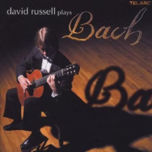 David Russell playing guitar, album cover for Bach’s music.