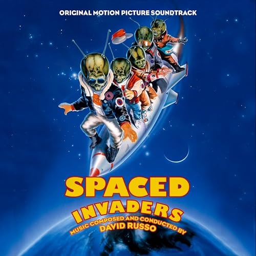 CD cover: aliens riding a rocket through space, title "Spaced Invaders".